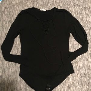 Long Sleeve Black Bodysuit Lace Up Front